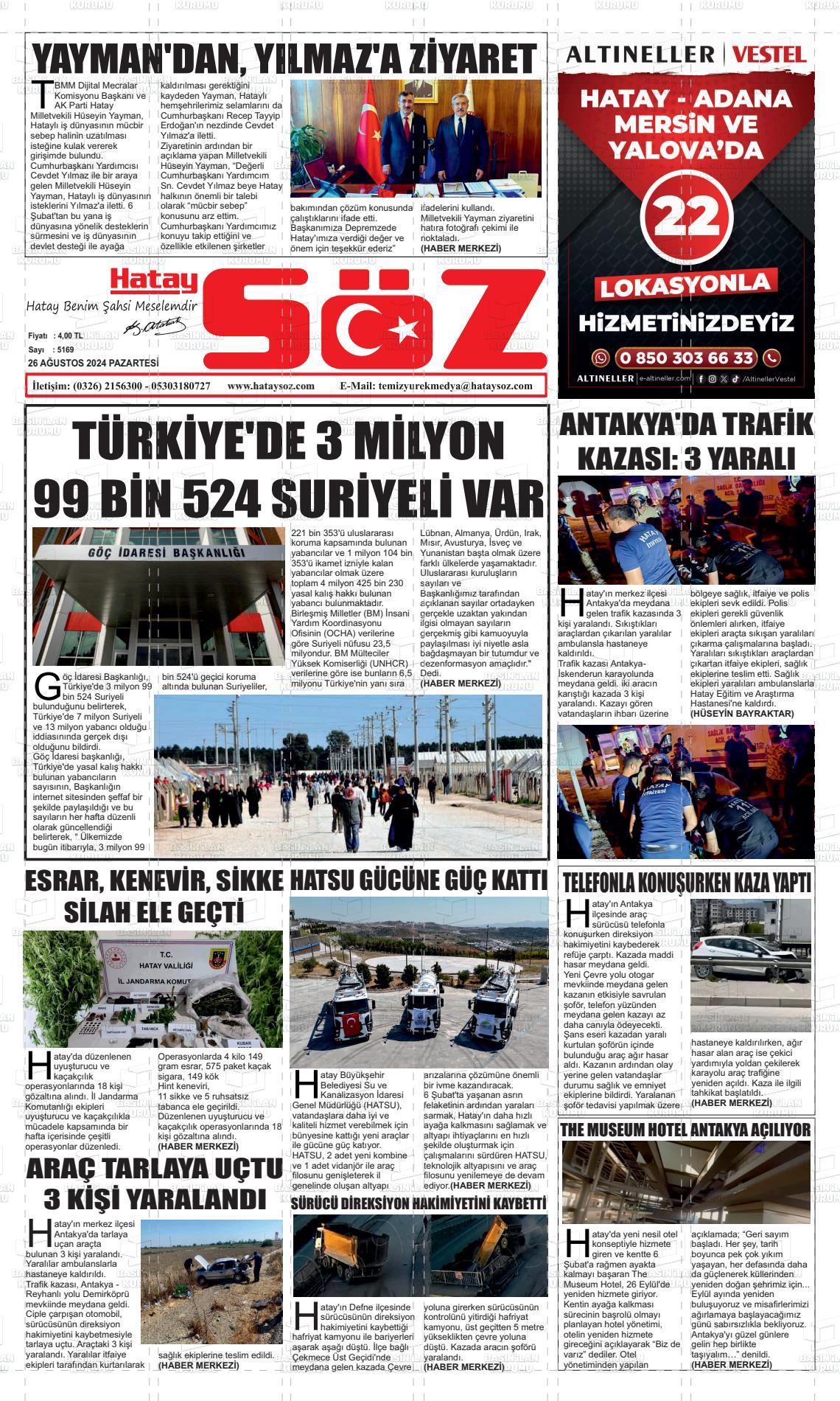 26 Ağustos 2024 Hatay Söz Gazete Manşeti