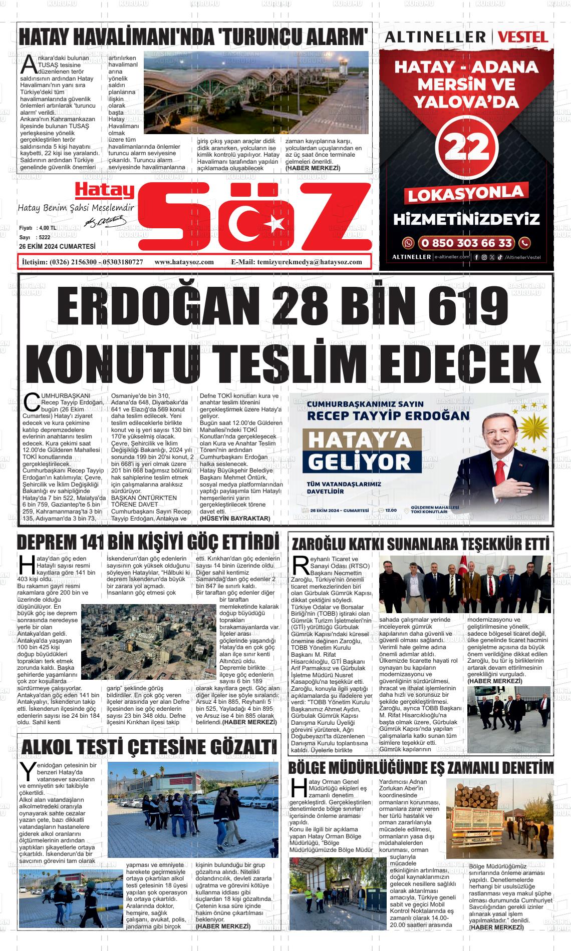 26 Ekim 2024 Hatay Söz Gazete Manşeti