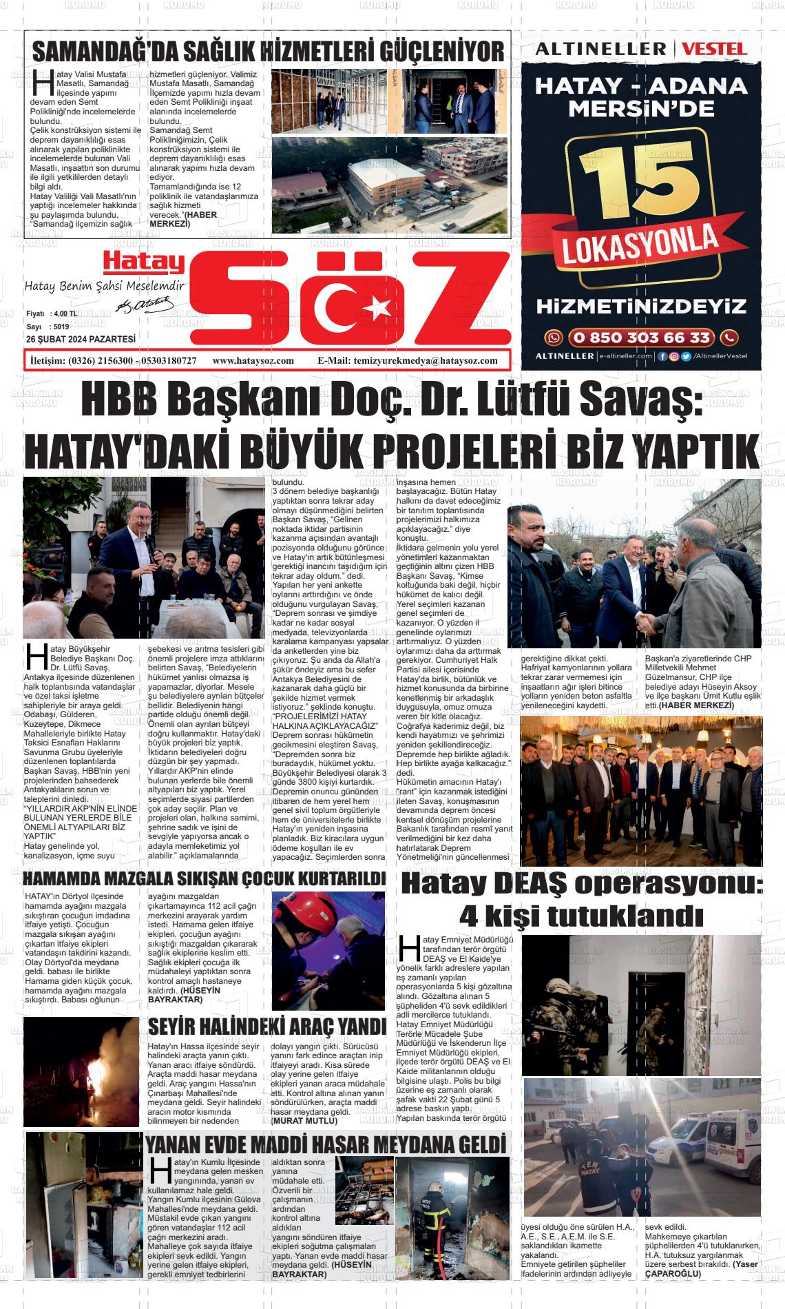 26 Şubat 2024 Hatay Söz Gazete Manşeti