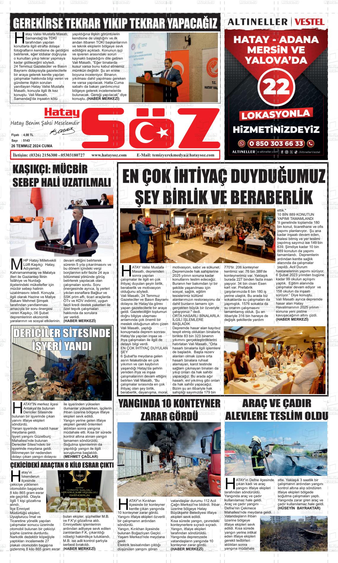 27 Temmuz 2024 Hatay Söz Gazete Manşeti