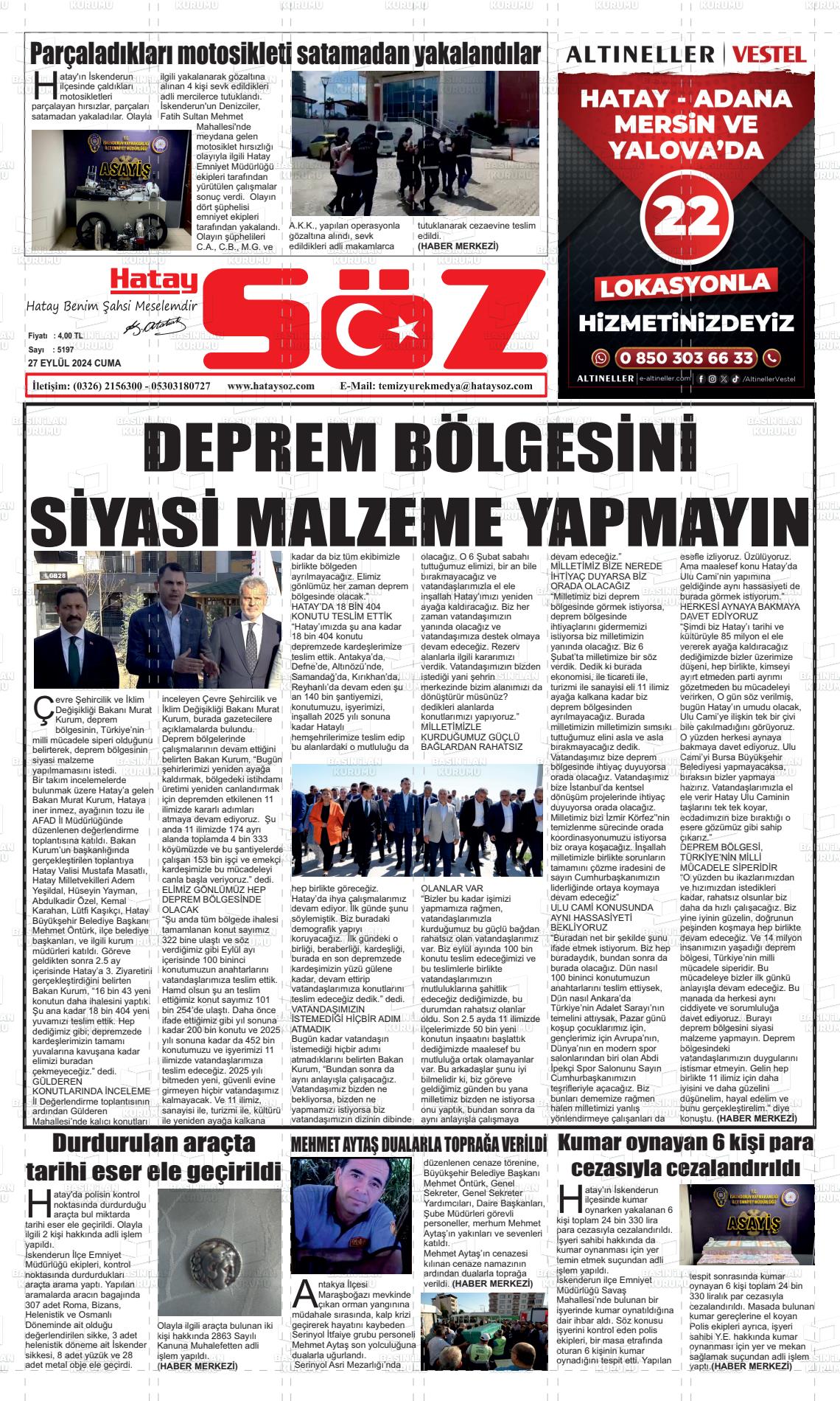 27 Eylül 2024 Hatay Söz Gazete Manşeti