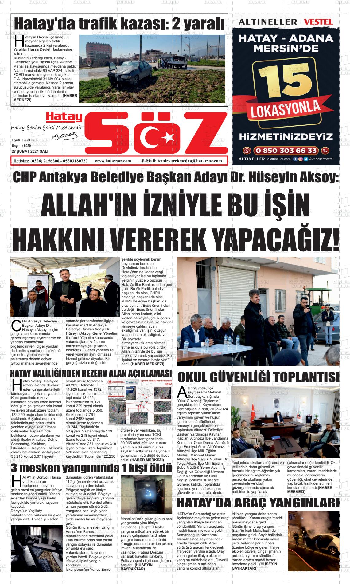 27 Şubat 2024 Hatay Söz Gazete Manşeti