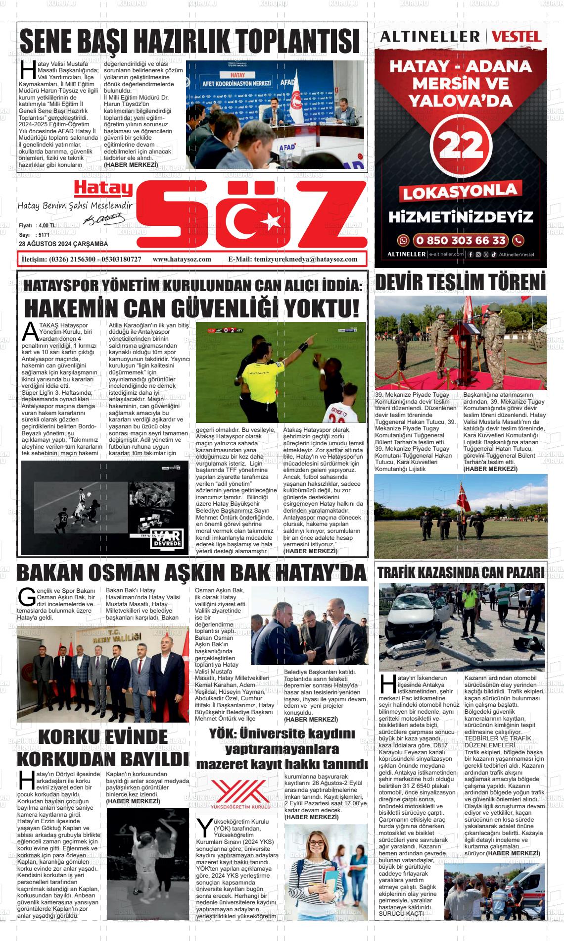 28 Ağustos 2024 Hatay Söz Gazete Manşeti