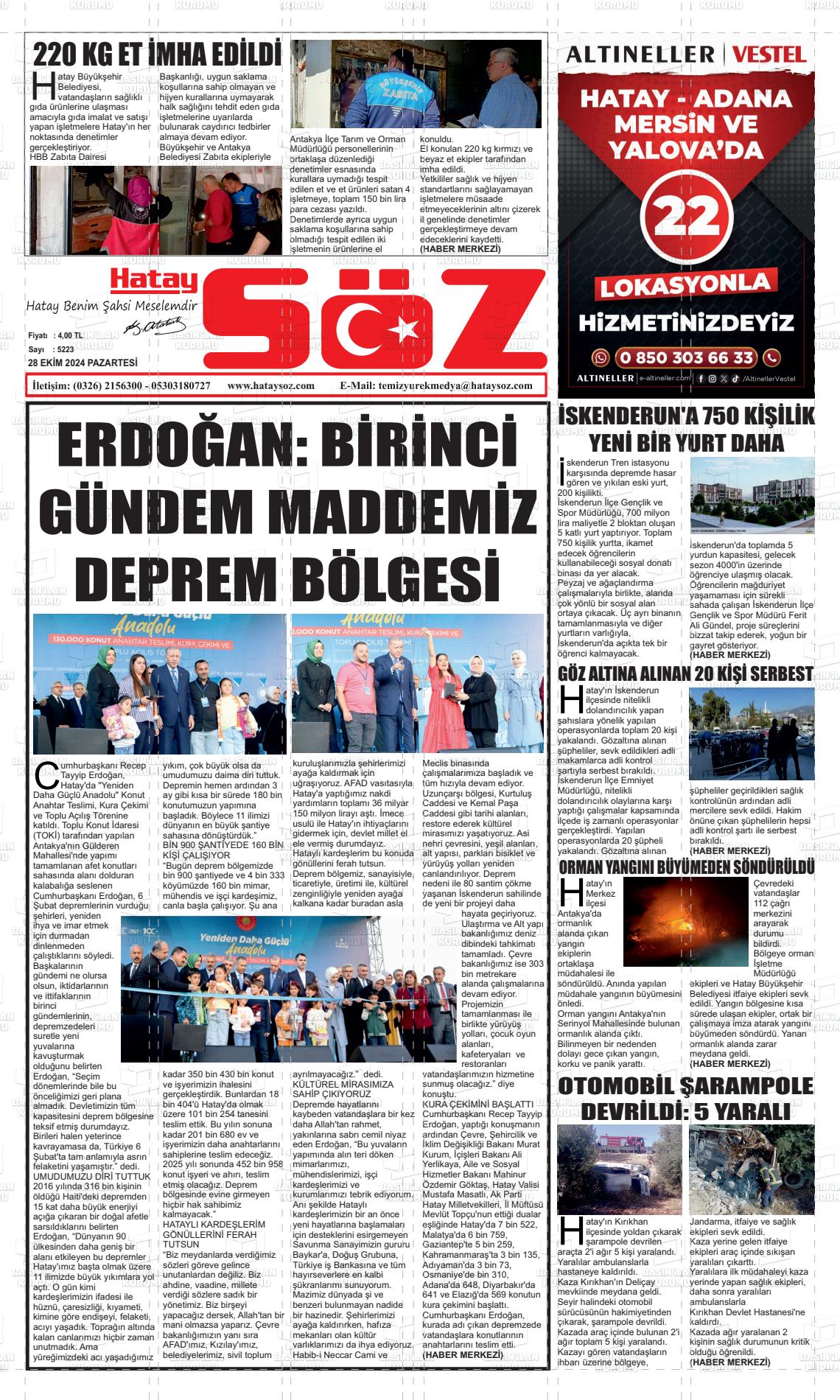 28 Ekim 2024 Hatay Söz Gazete Manşeti