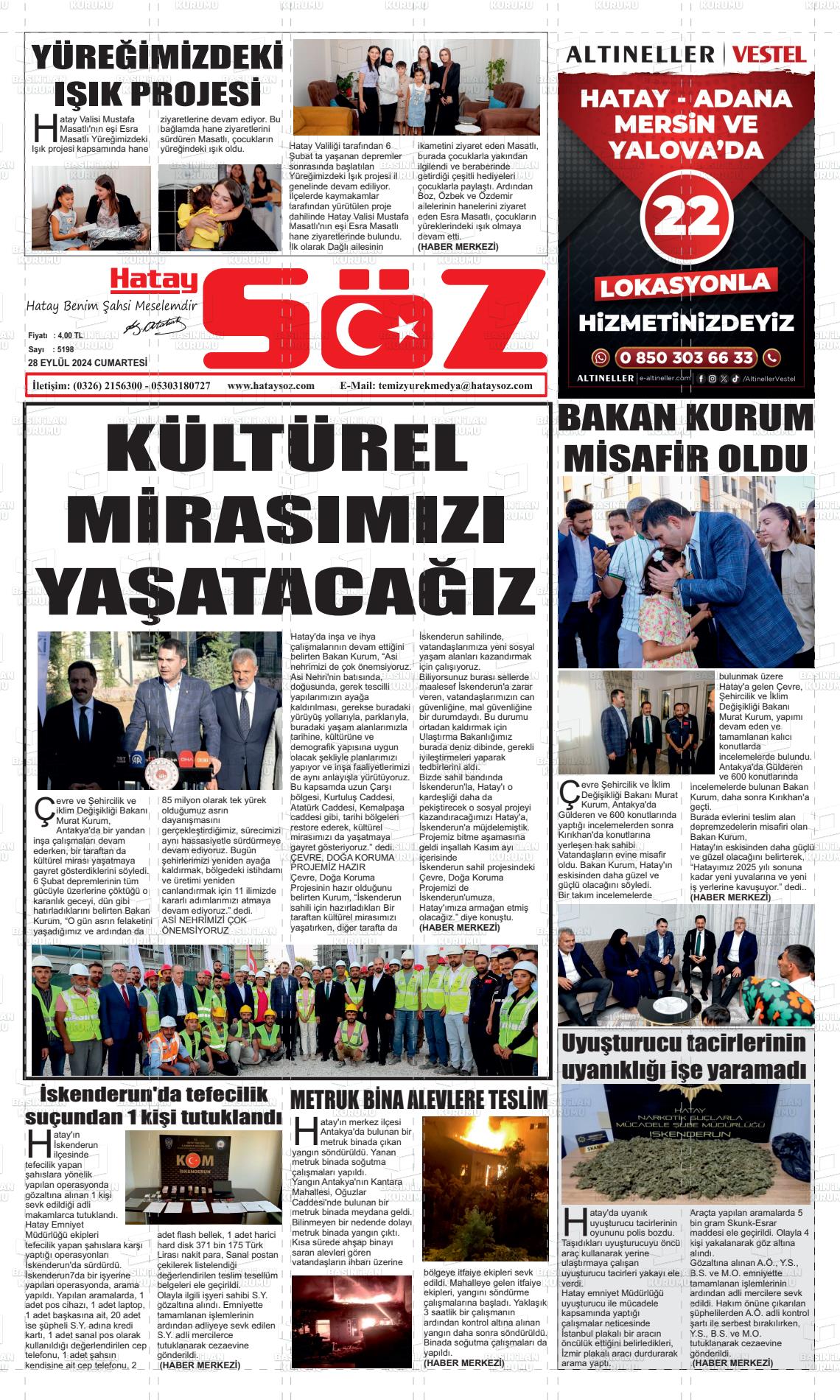 28 Eylül 2024 Hatay Söz Gazete Manşeti