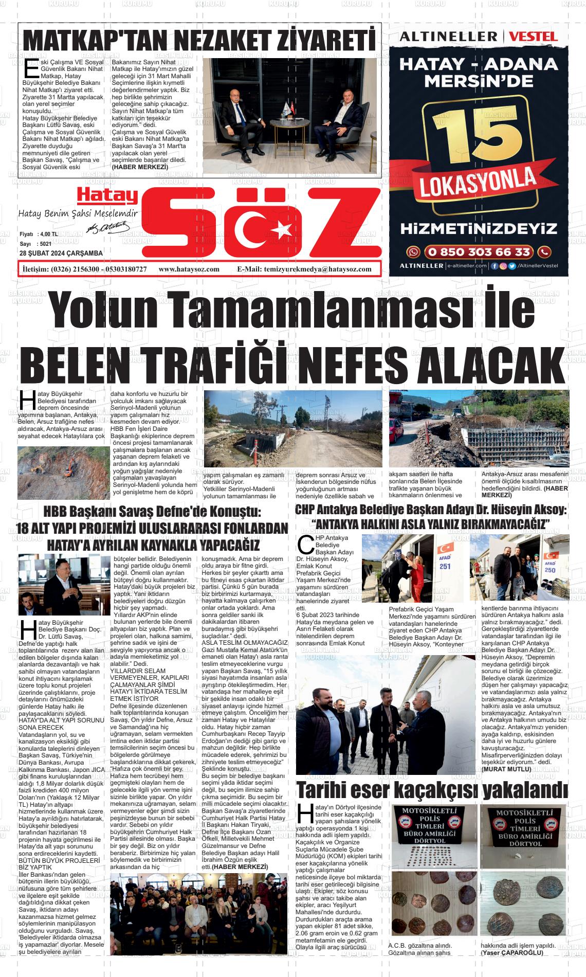 28 Şubat 2024 Hatay Söz Gazete Manşeti