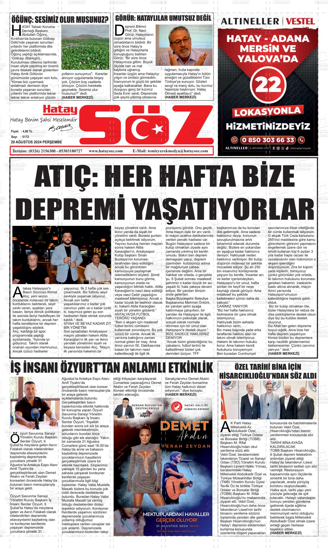 29 Ağustos 2024 Hatay Söz Gazete Manşeti