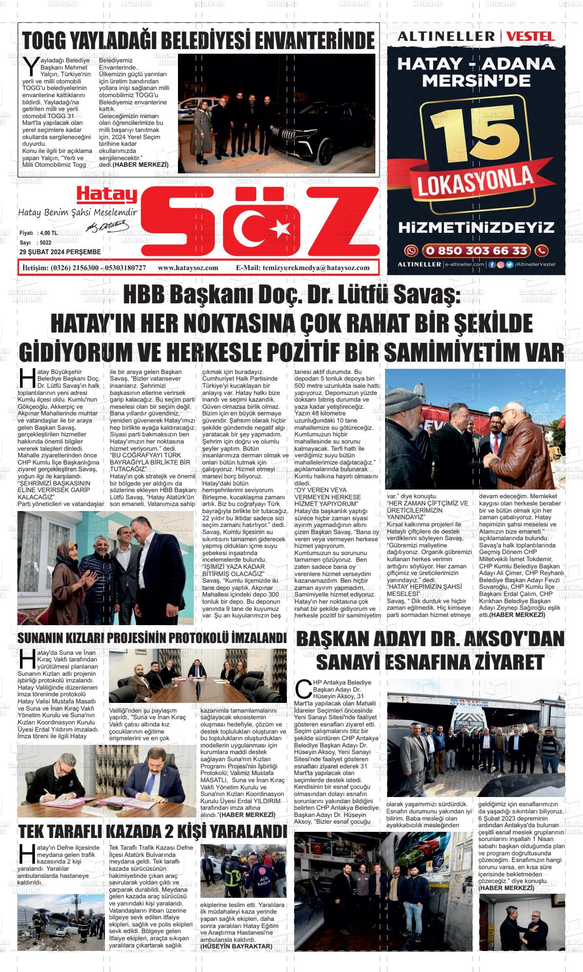 29 Şubat 2024 Hatay Söz Gazete Manşeti