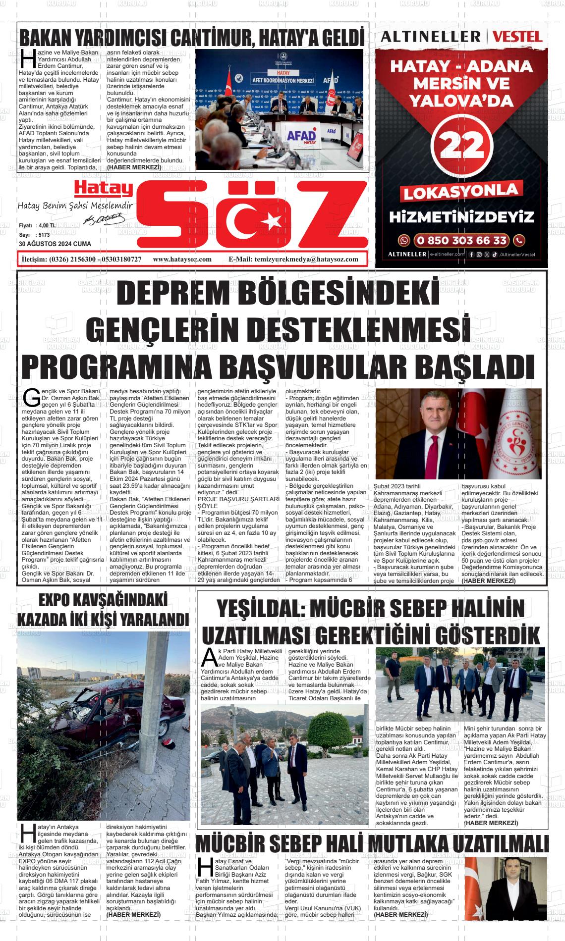 30 Ağustos 2024 Hatay Söz Gazete Manşeti