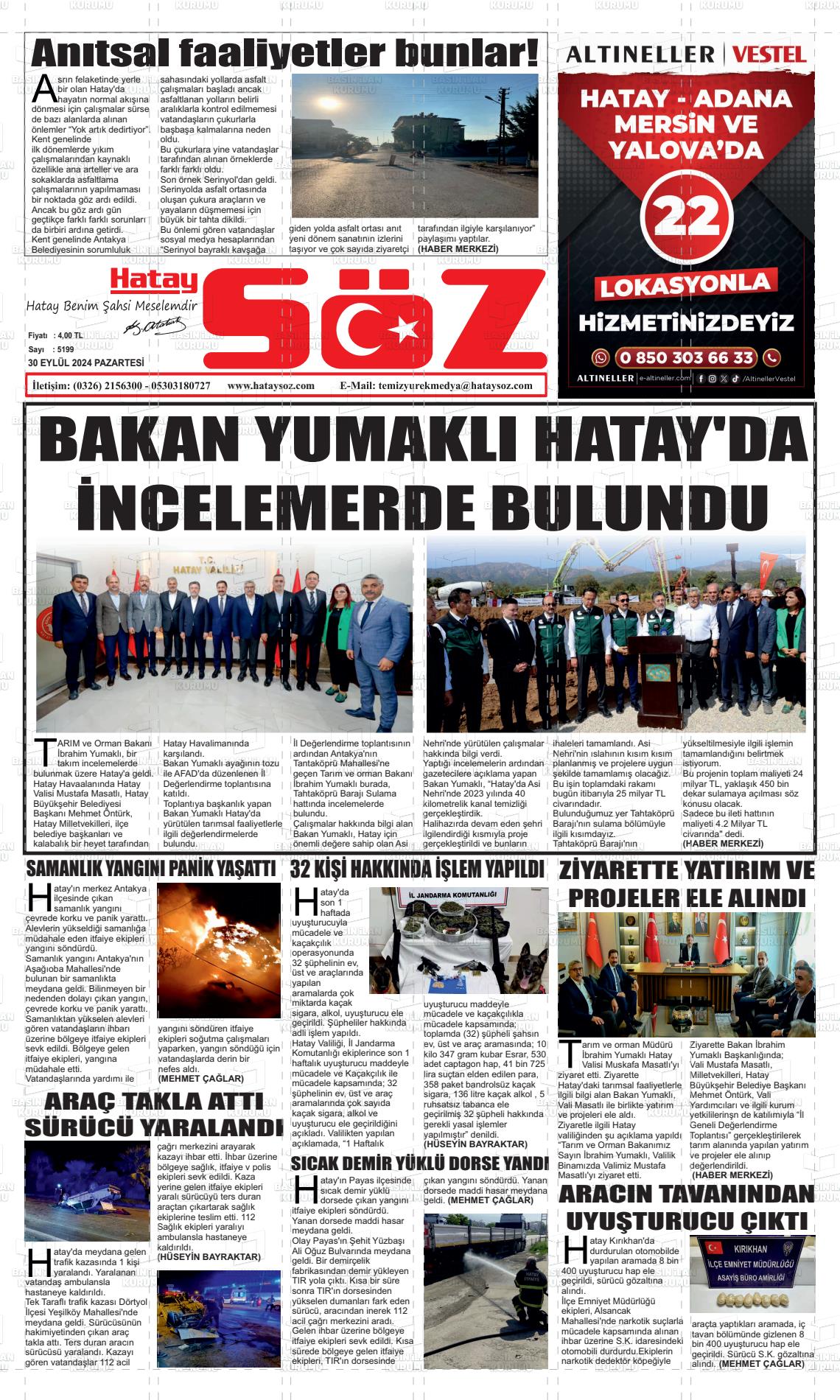 30 Eylül 2024 Hatay Söz Gazete Manşeti