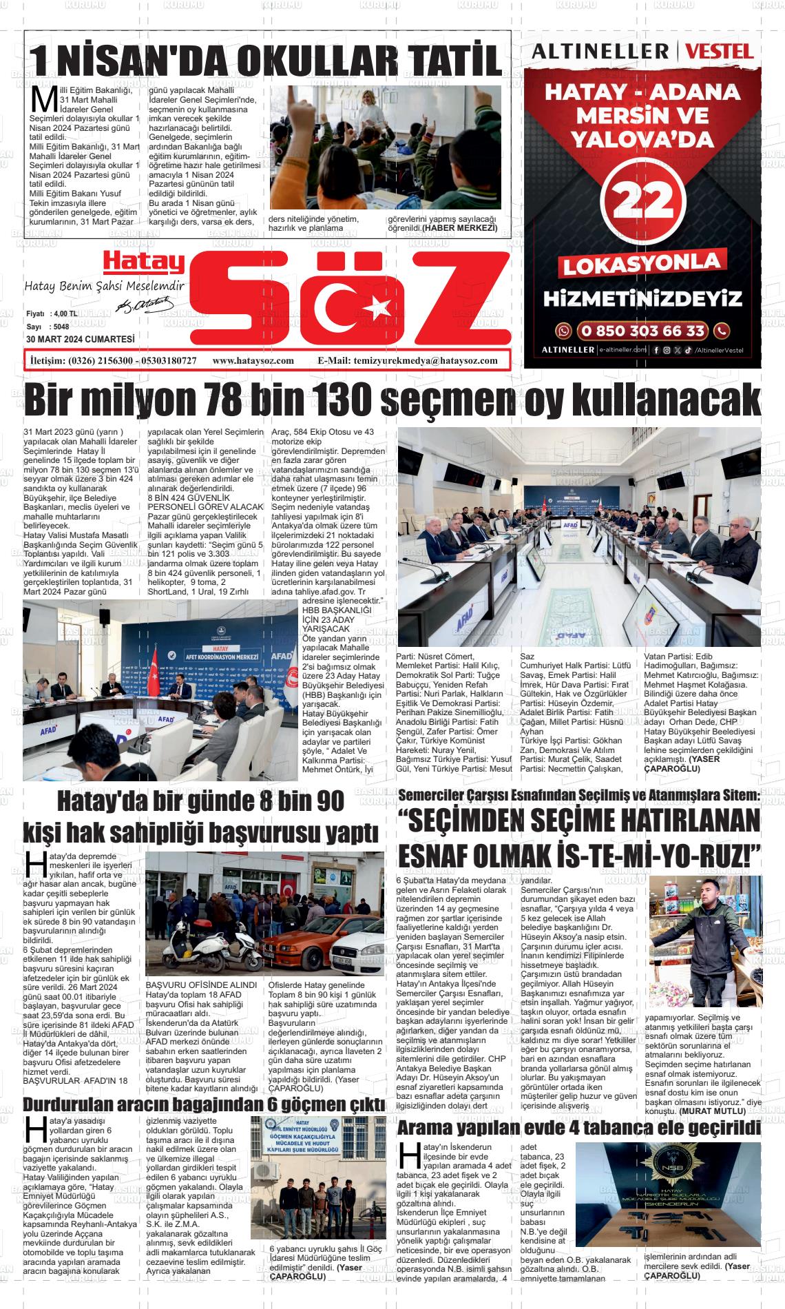 30 Mart 2024 Hatay Söz Gazete Manşeti