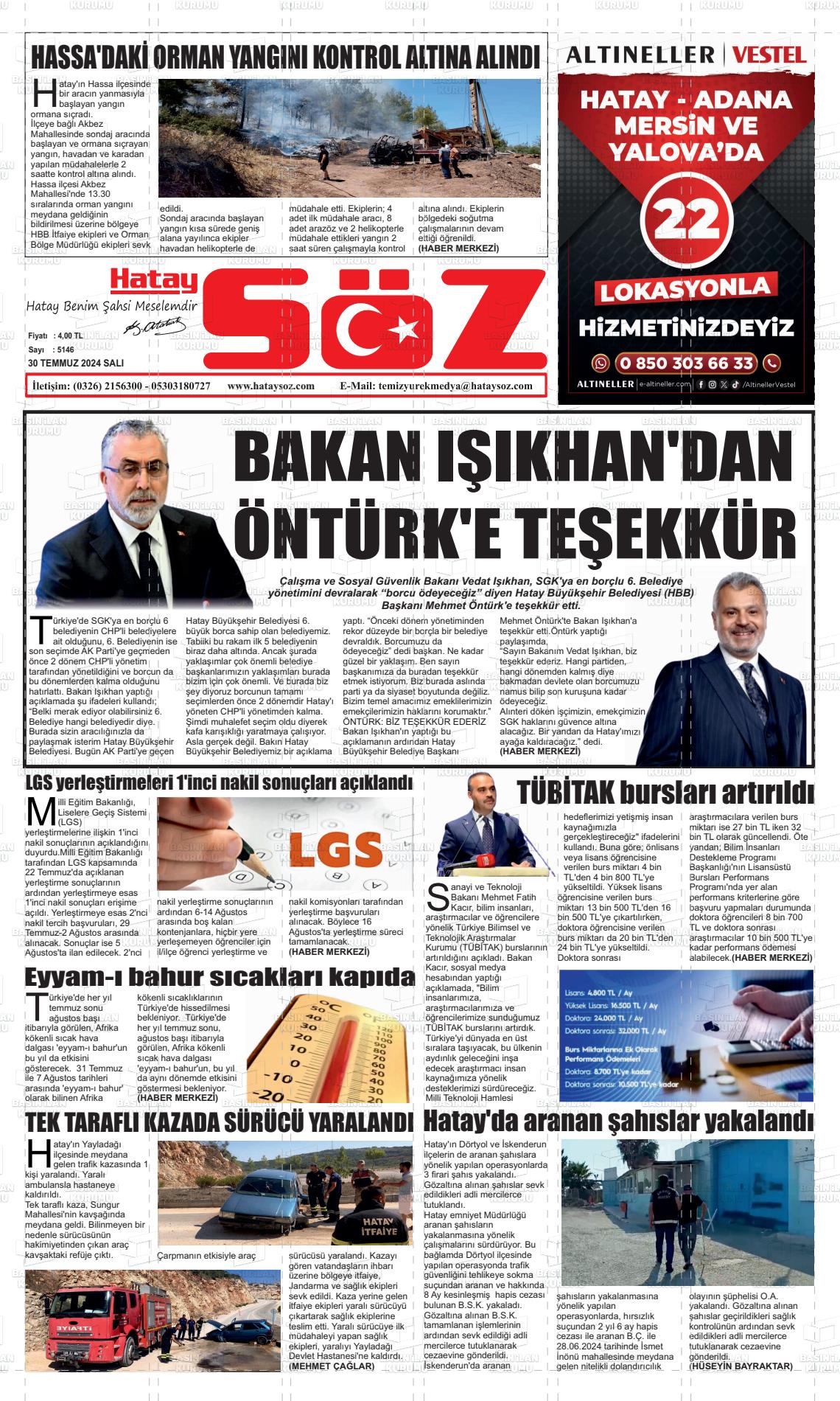 30 Temmuz 2024 Hatay Söz Gazete Manşeti