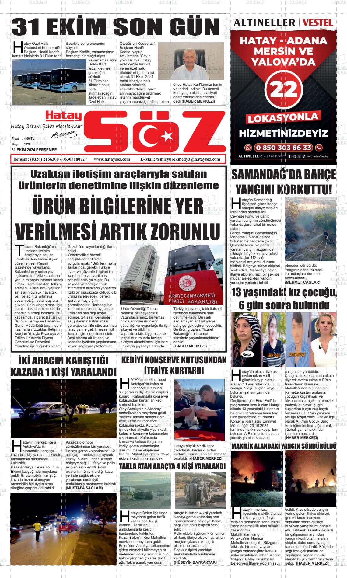 31 Ekim 2024 Hatay Söz Gazete Manşeti