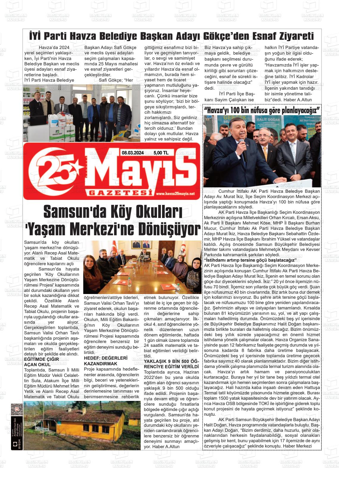 08 Mart 2024 Havza 25 Mayis Gazete Manşeti