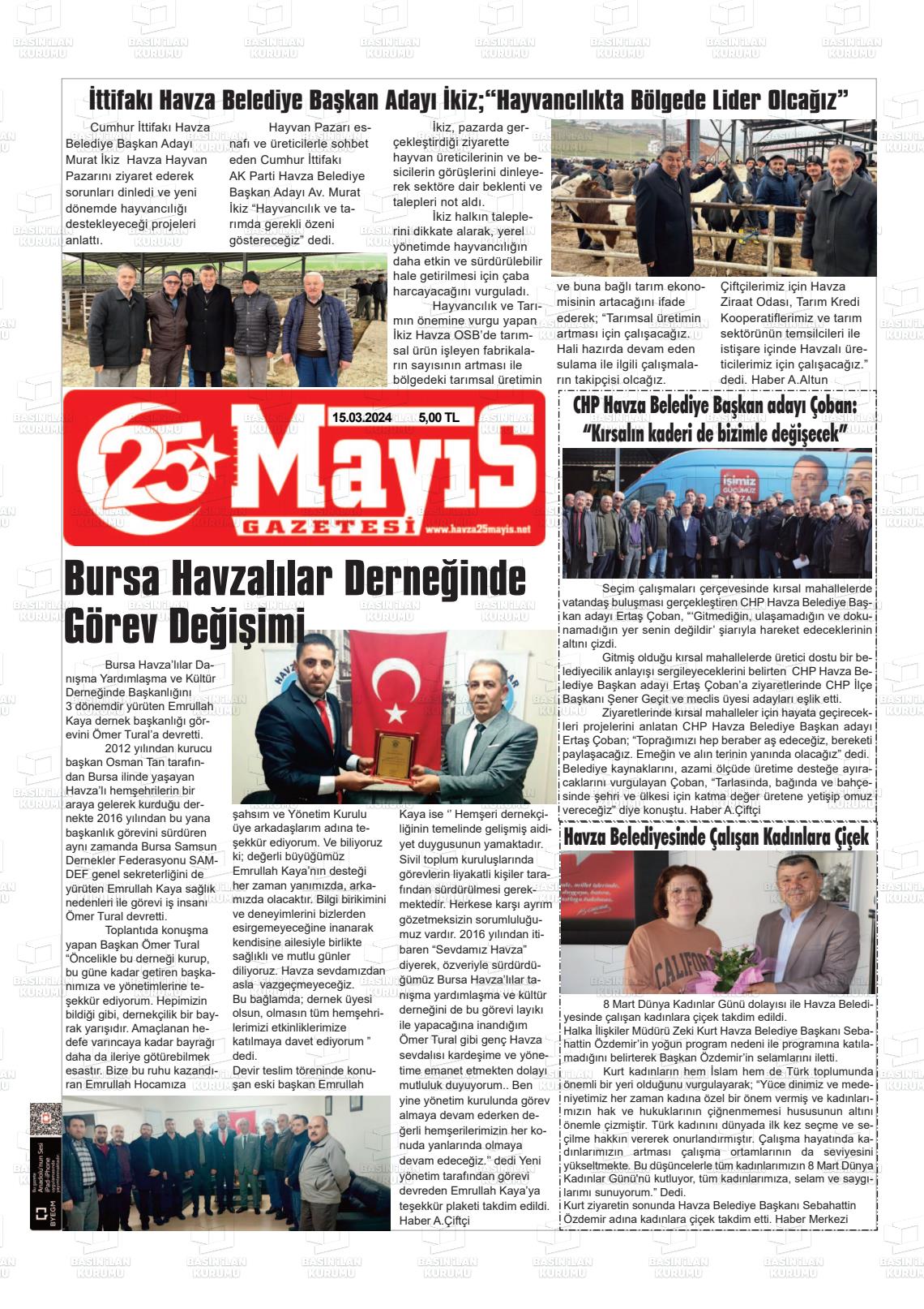 15 Mart 2024 Havza 25 Mayis Gazete Manşeti