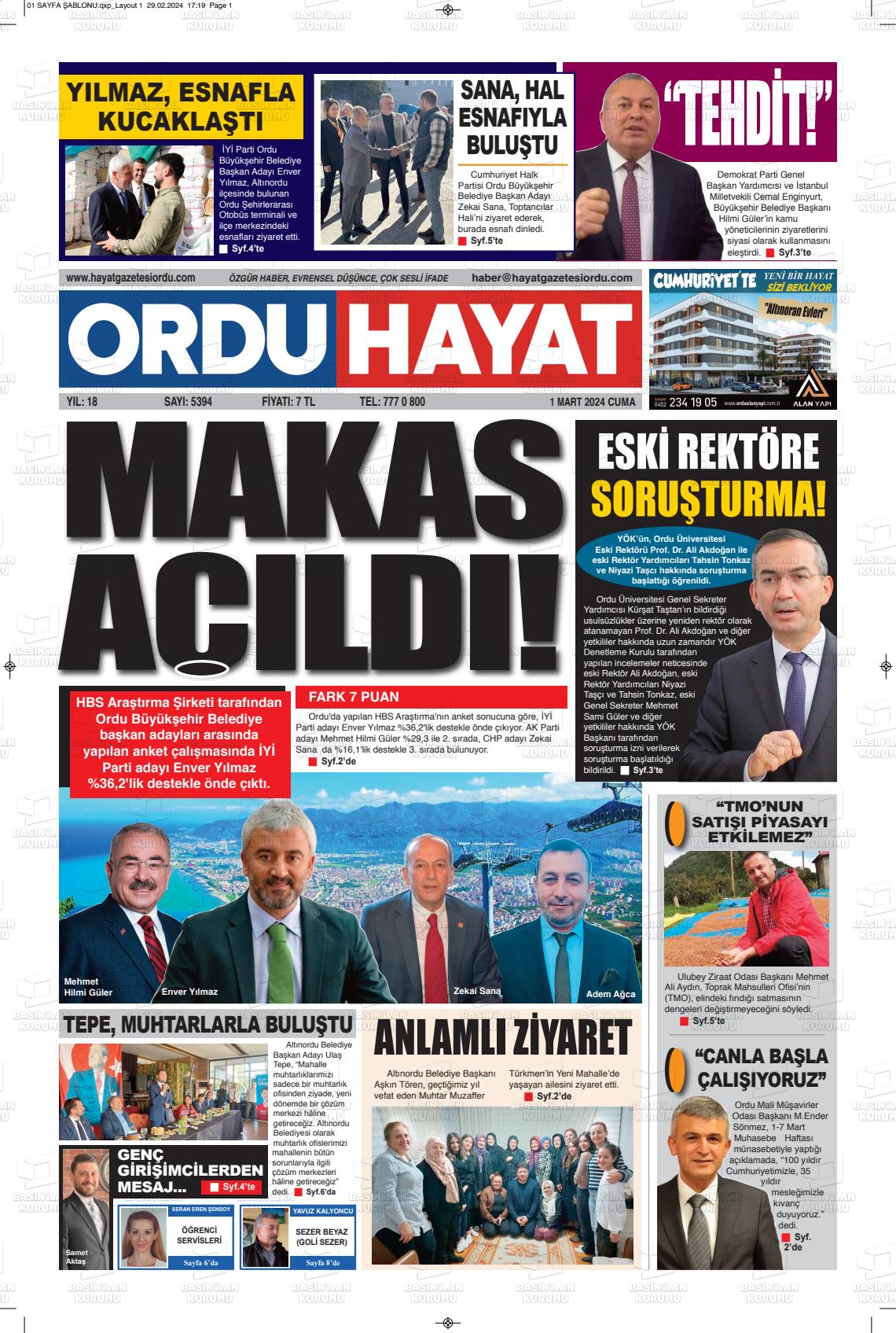 01 Mart 2024 Ordu Hayat Gazete Manşeti