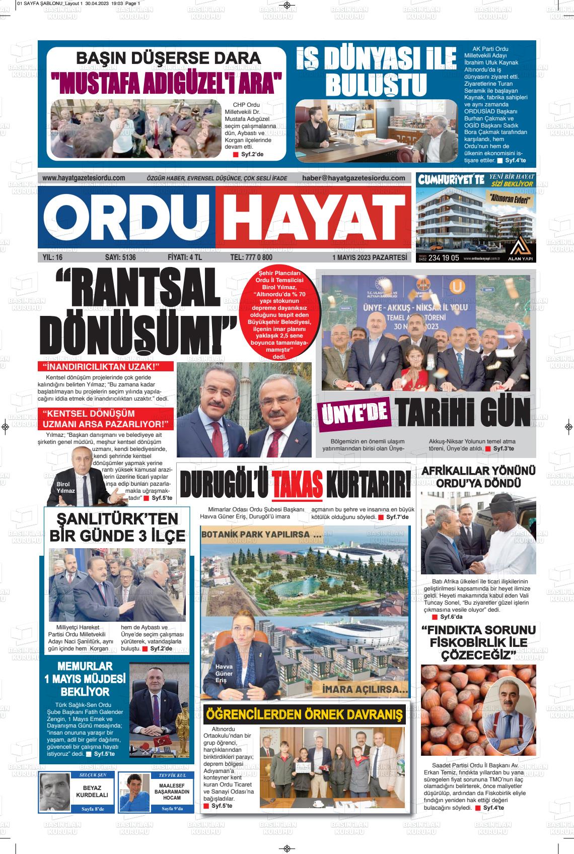 01 Mayıs 2023 Ordu Hayat Gazete Manşeti