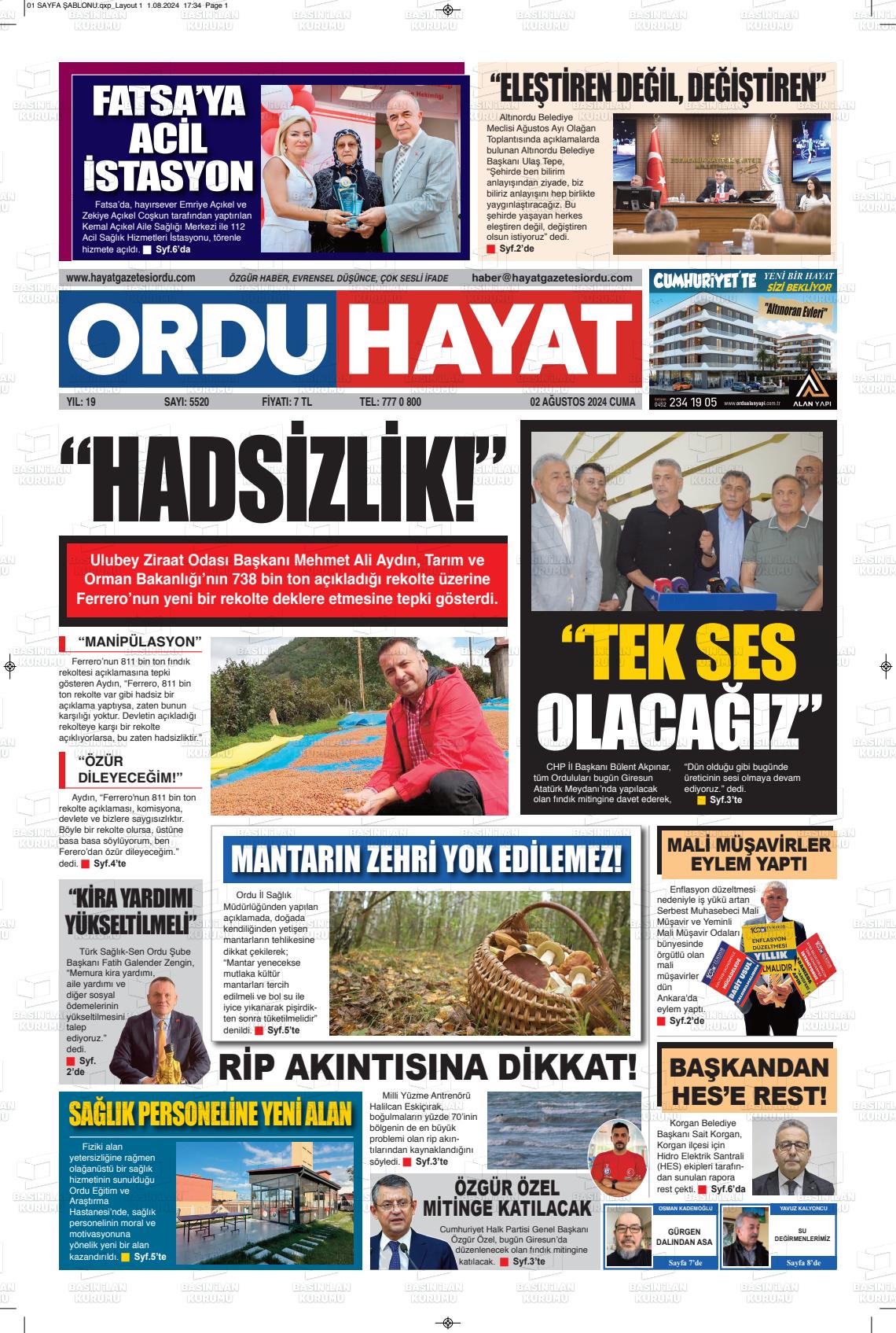 02 Ağustos 2024 Ordu Hayat Gazete Manşeti