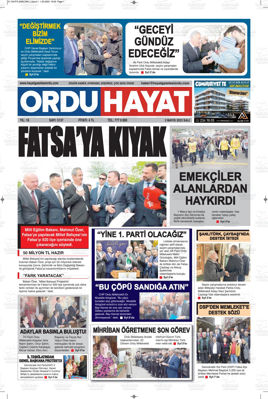 02 Mayıs 2023 Ordu Hayat Gazete Manşeti