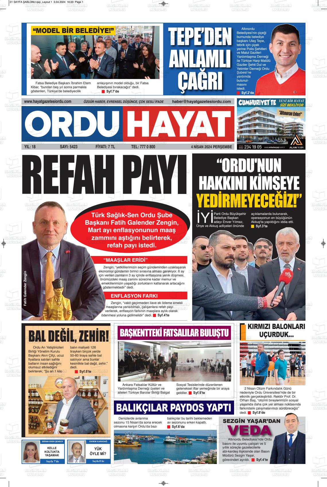 04 Nisan 2024 Ordu Hayat Gazete Manşeti