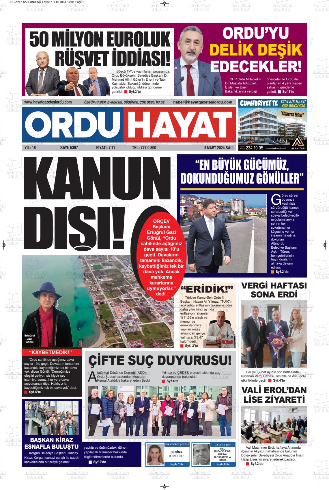 07 Mart 2024 Ordu Hayat Gazete Manşeti