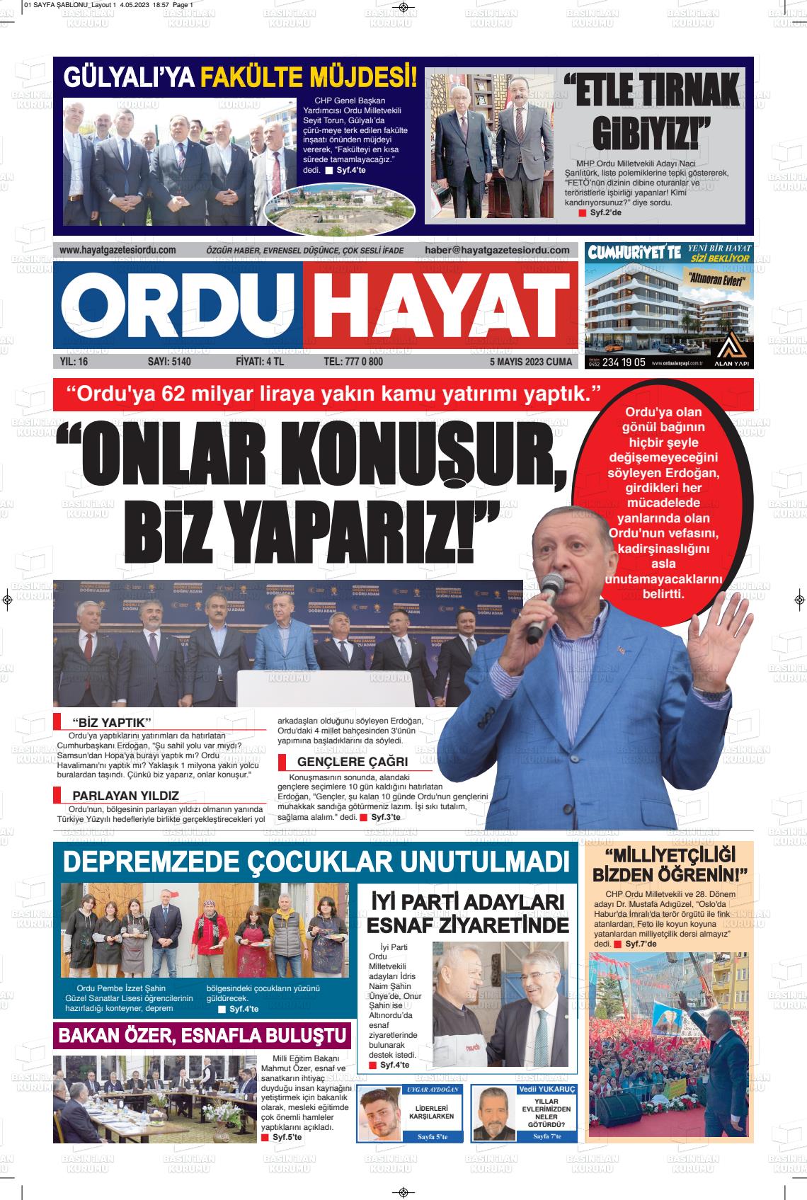 05 Mayıs 2023 Ordu Hayat Gazete Manşeti