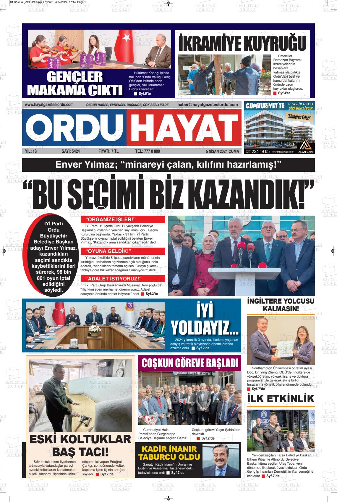 05 Nisan 2024 Ordu Hayat Gazete Manşeti