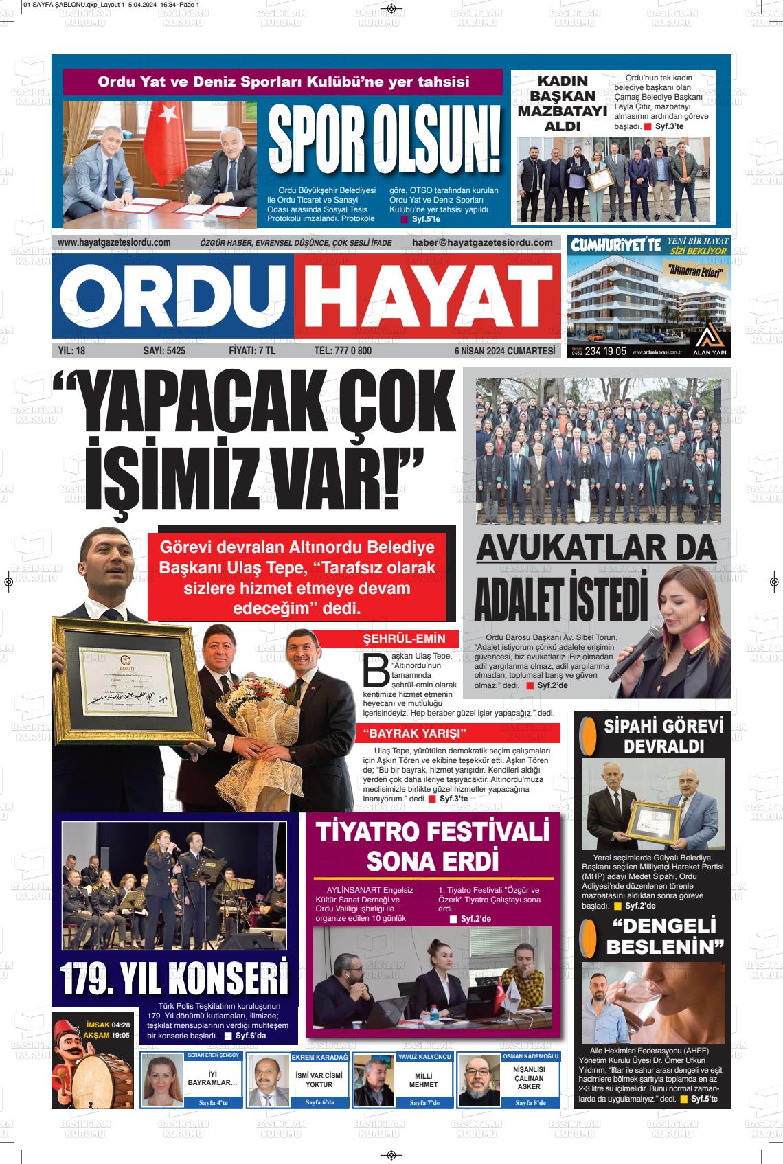 06 Nisan 2024 Ordu Hayat Gazete Manşeti