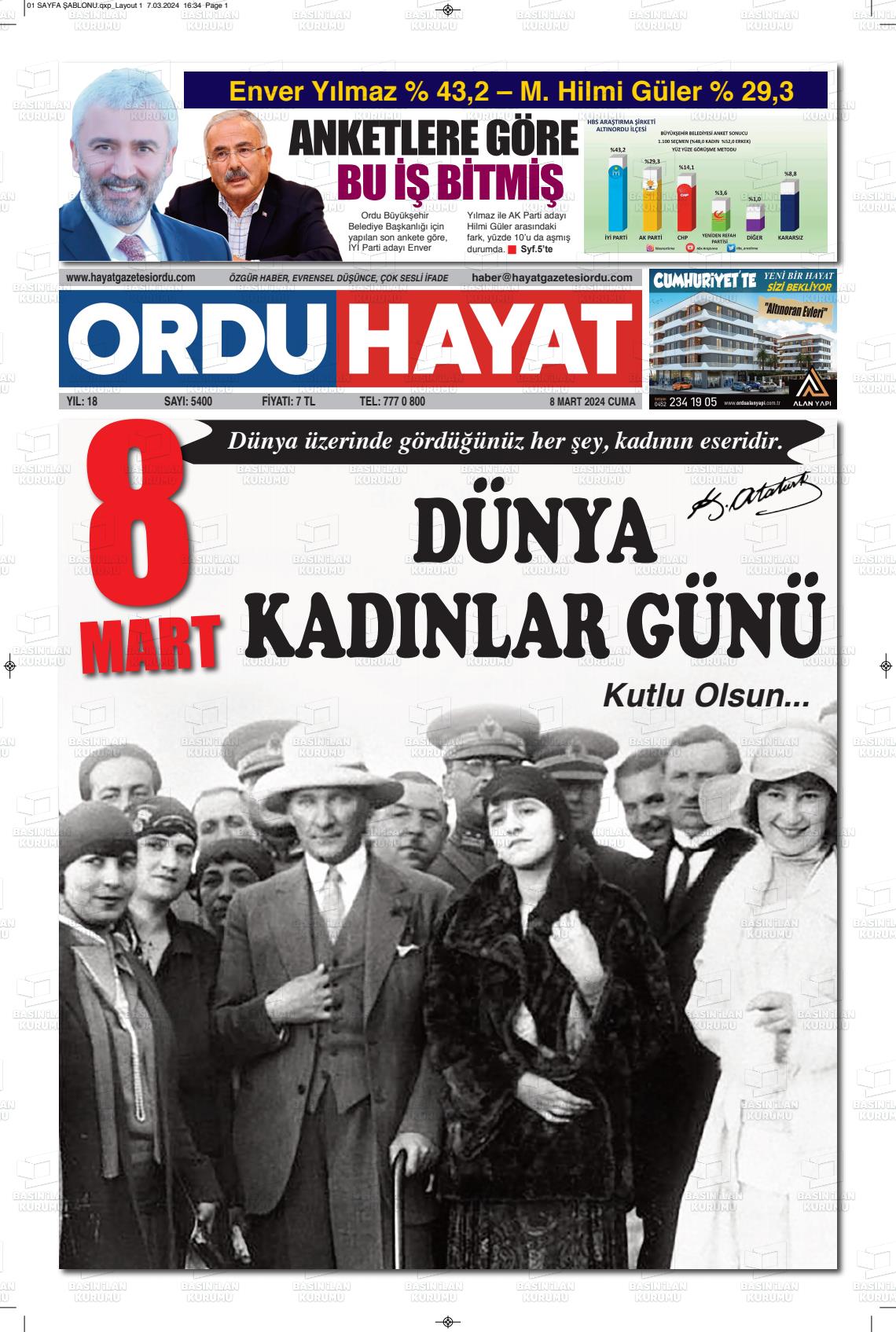 08 Mart 2024 Ordu Hayat Gazete Manşeti