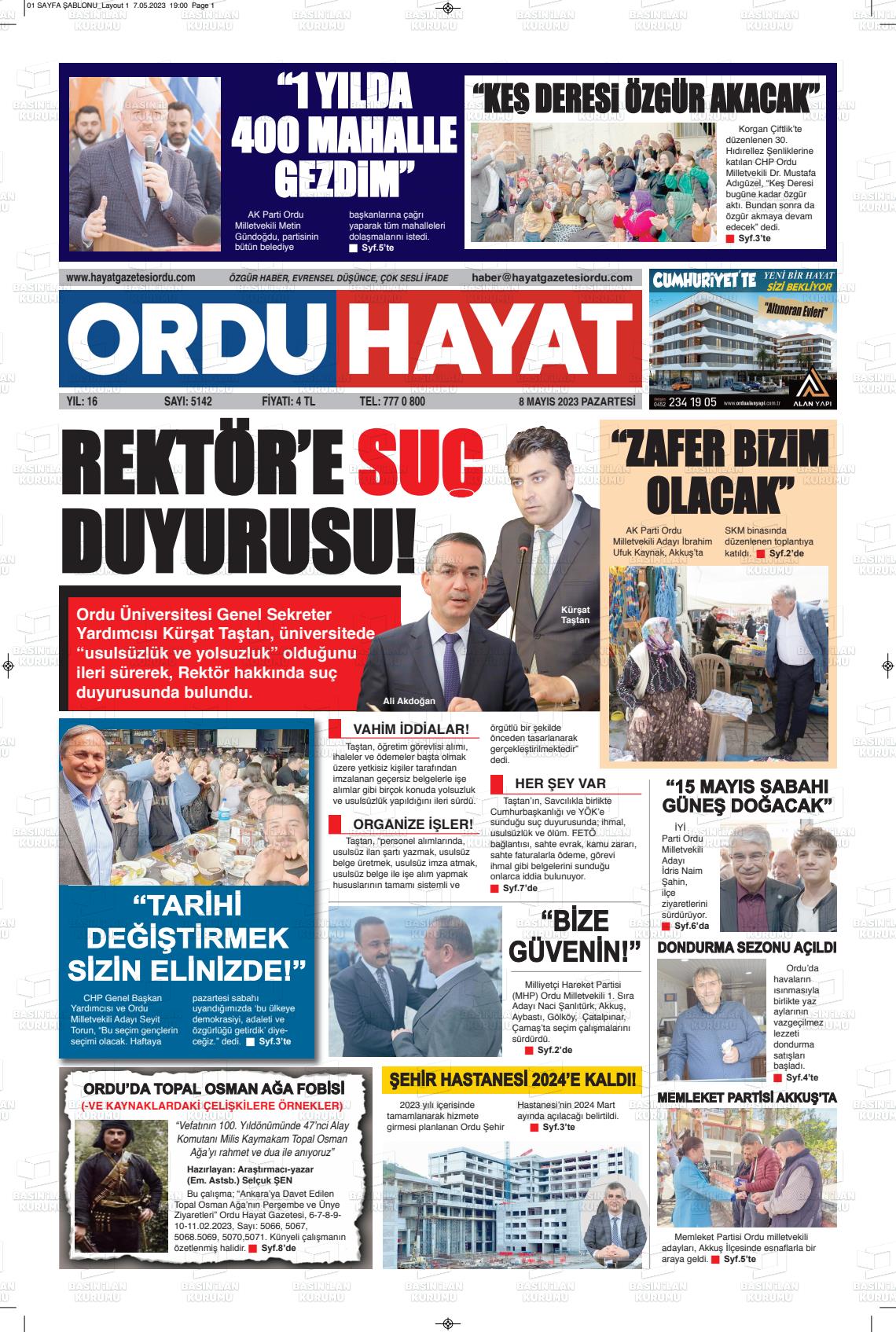 08 Mayıs 2023 Ordu Hayat Gazete Manşeti