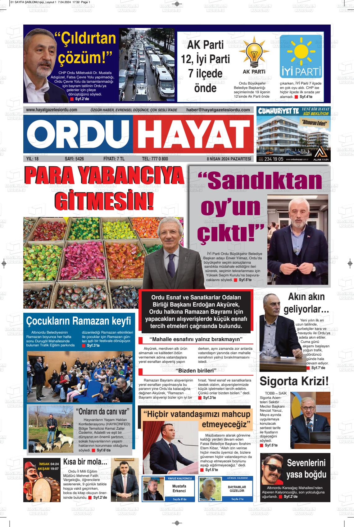 08 Nisan 2024 Ordu Hayat Gazete Manşeti