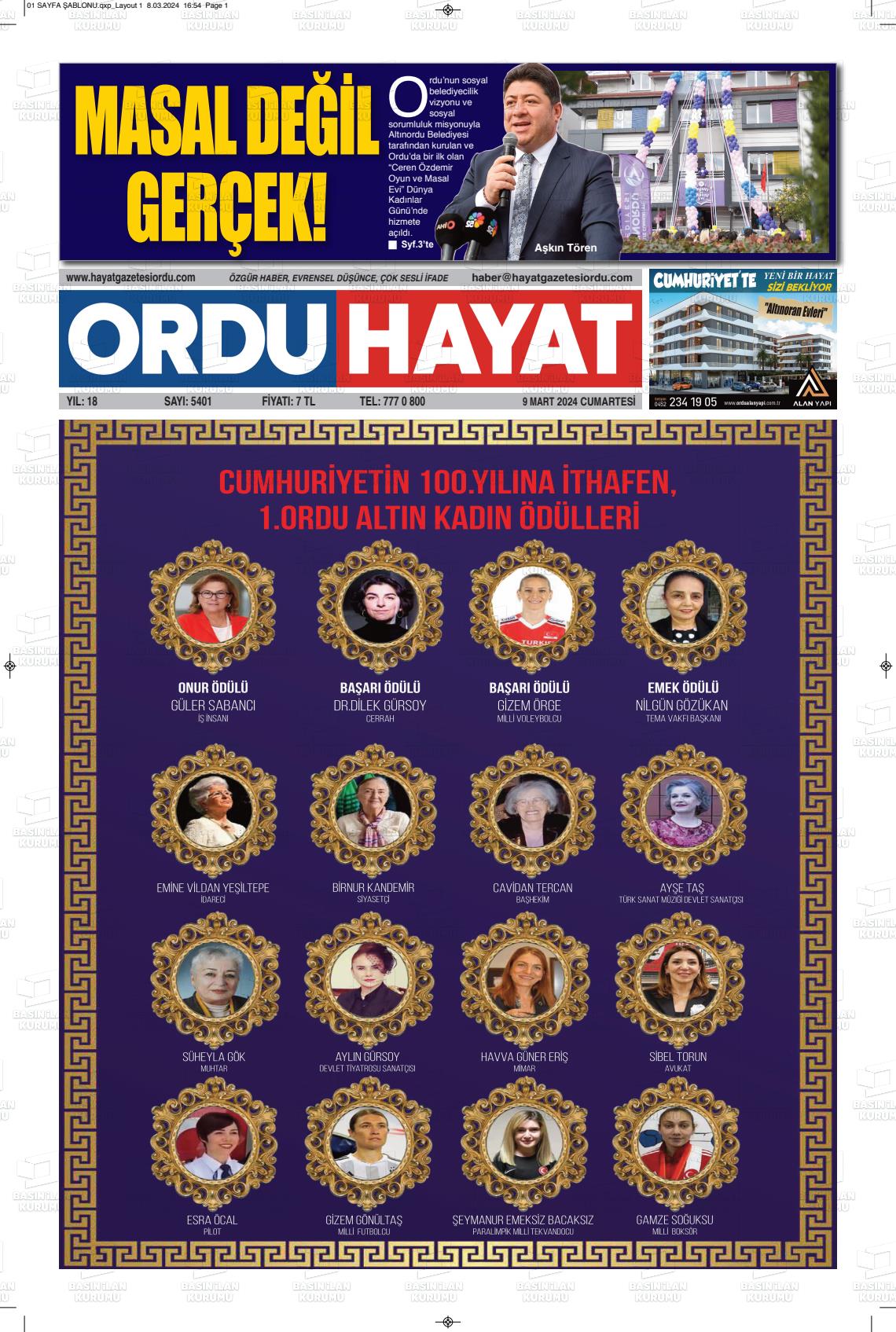 09 Mart 2024 Ordu Hayat Gazete Manşeti