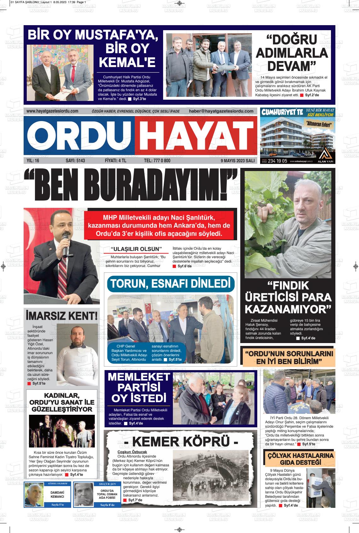 09 Mayıs 2023 Ordu Hayat Gazete Manşeti