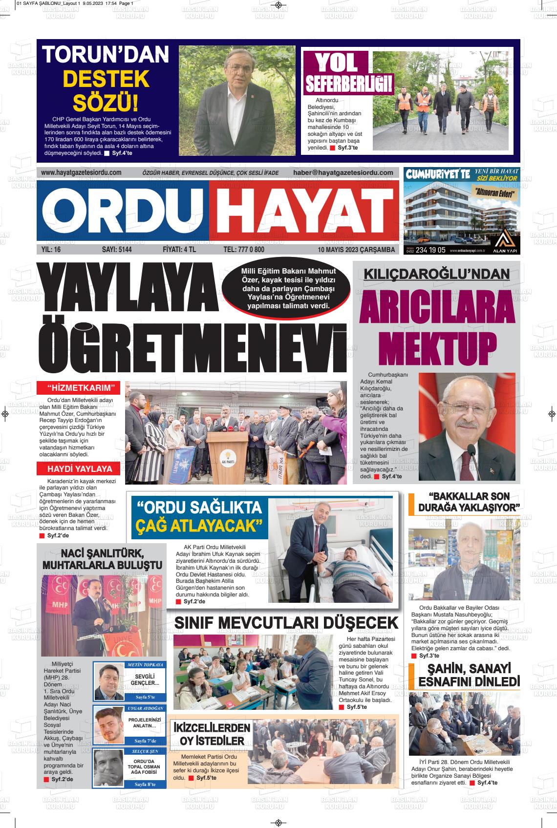 10 Mayıs 2023 Ordu Hayat Gazete Manşeti