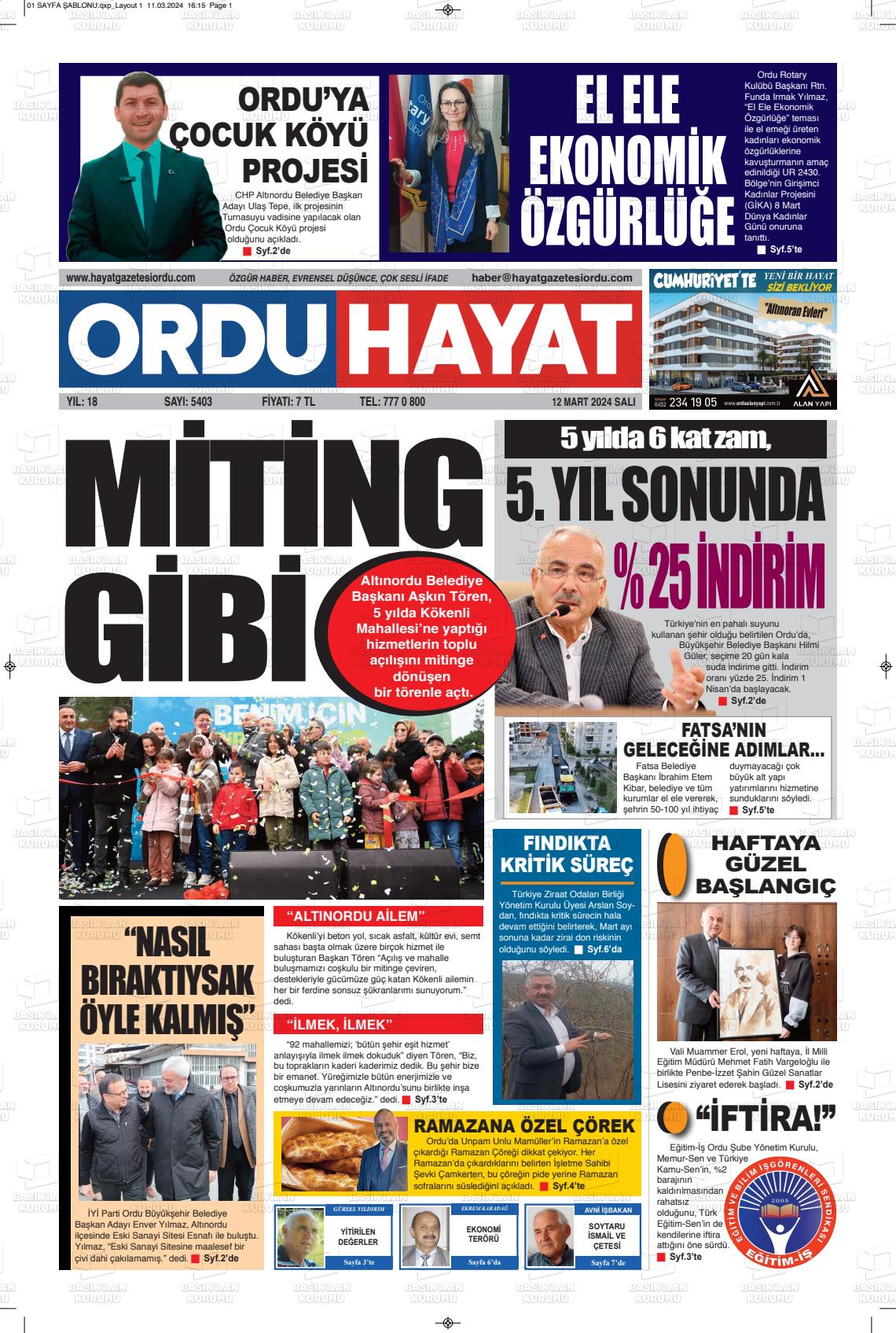 12 Mart 2024 Ordu Hayat Gazete Manşeti