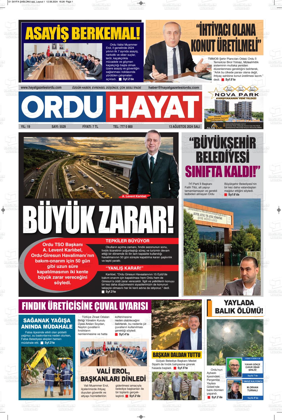 13 Ağustos 2024 Ordu Hayat Gazete Manşeti