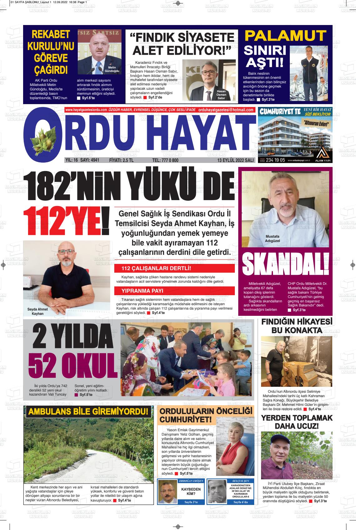 13 Eylül 2022 Ordu Hayat Gazete Manşeti