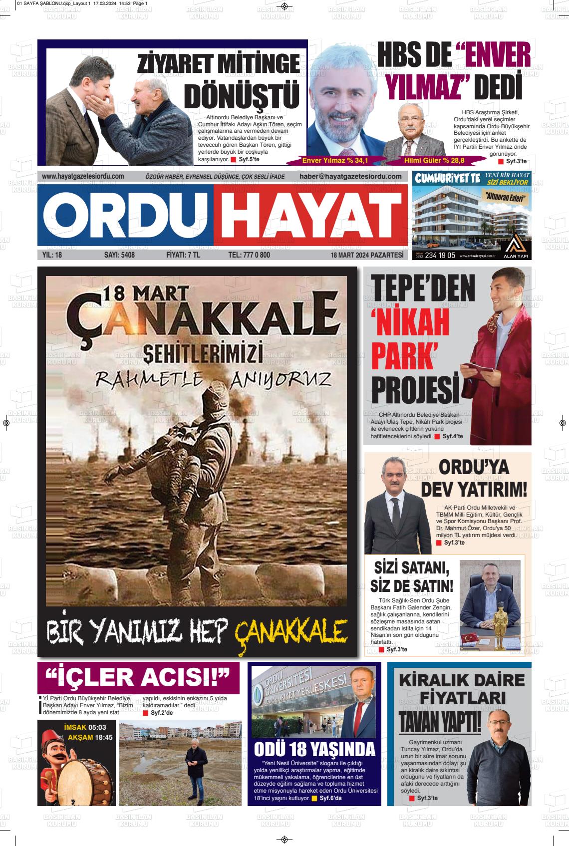 18 Mart 2024 Ordu Hayat Gazete Manşeti