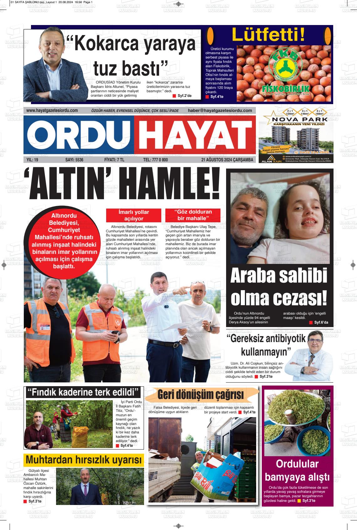 21 Ağustos 2024 Ordu Hayat Gazete Manşeti