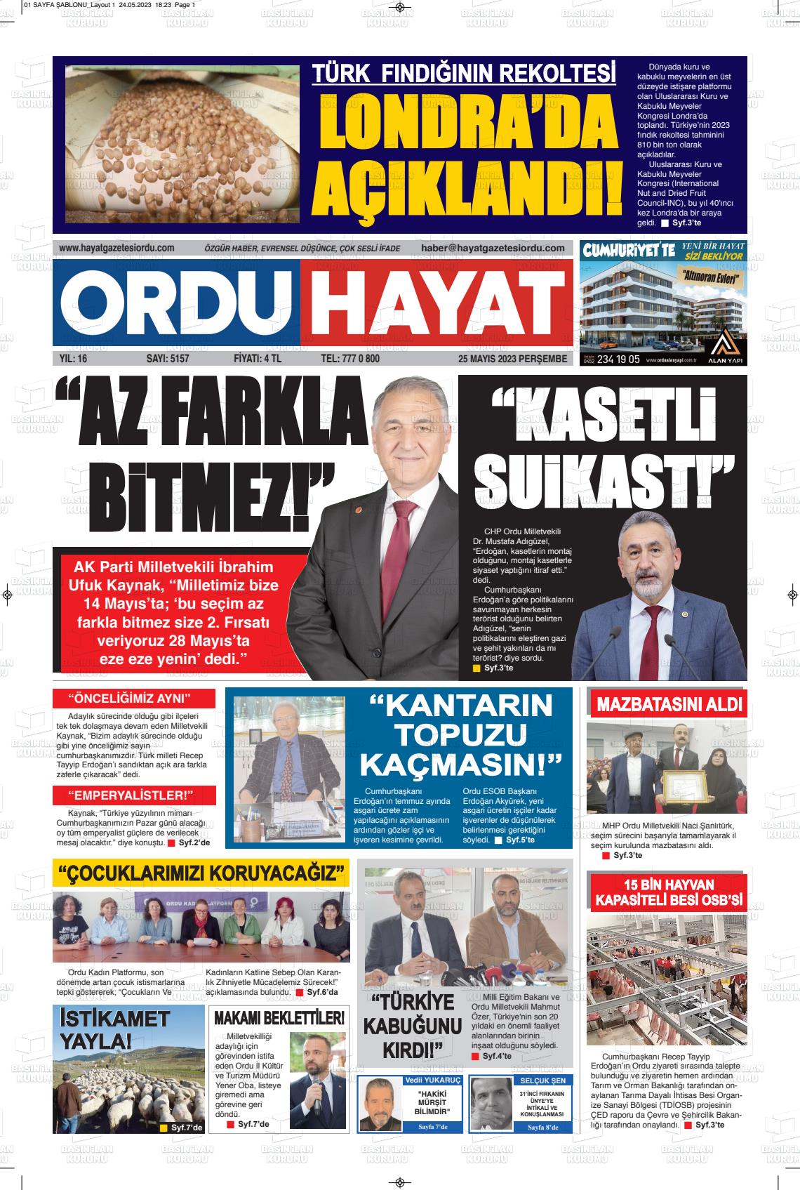 25 Mayıs 2023 Ordu Hayat Gazete Manşeti