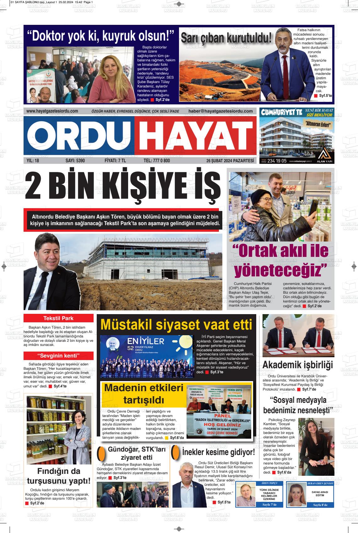 26 Şubat 2024 Ordu Hayat Gazete Manşeti