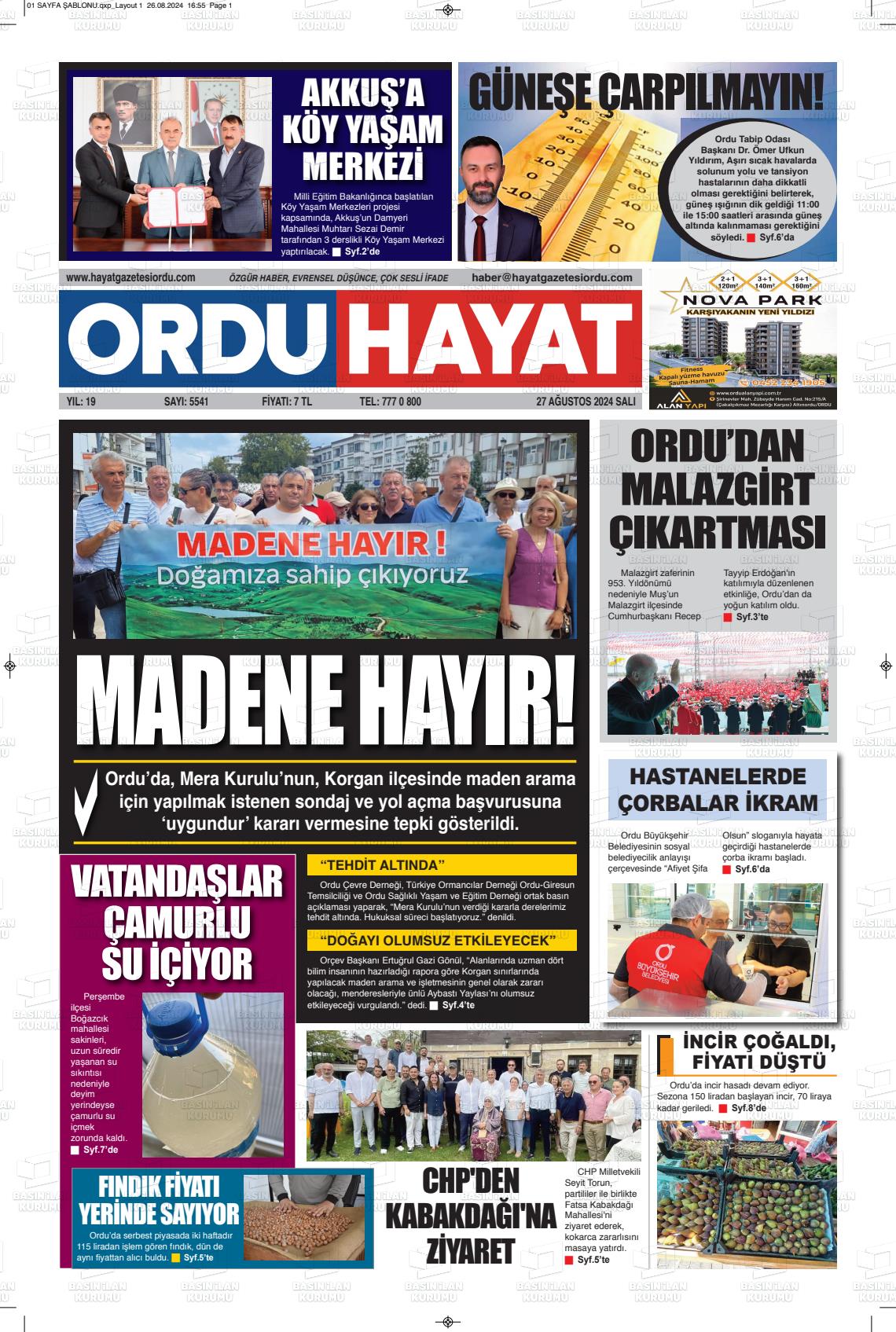 27 Ağustos 2024 Ordu Hayat Gazete Manşeti