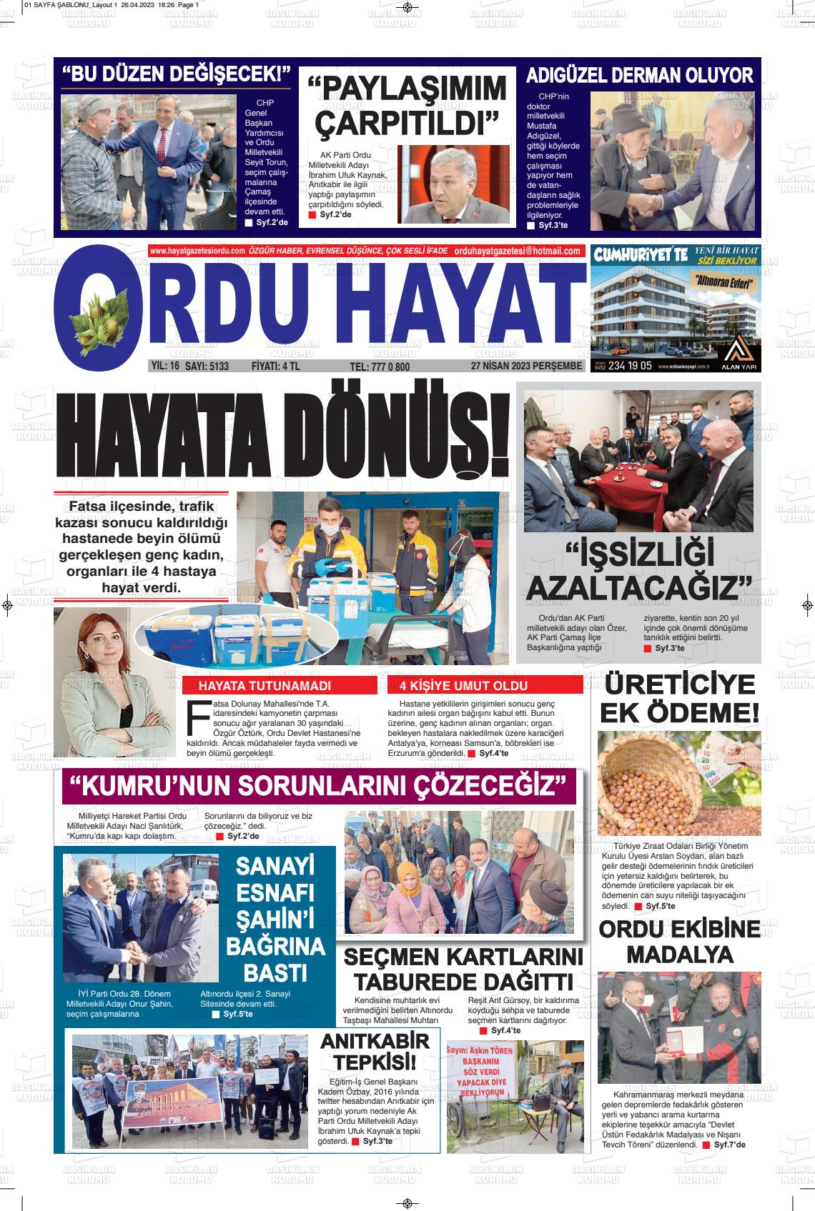 27 Nisan 2023 Ordu Hayat Gazete Manşeti