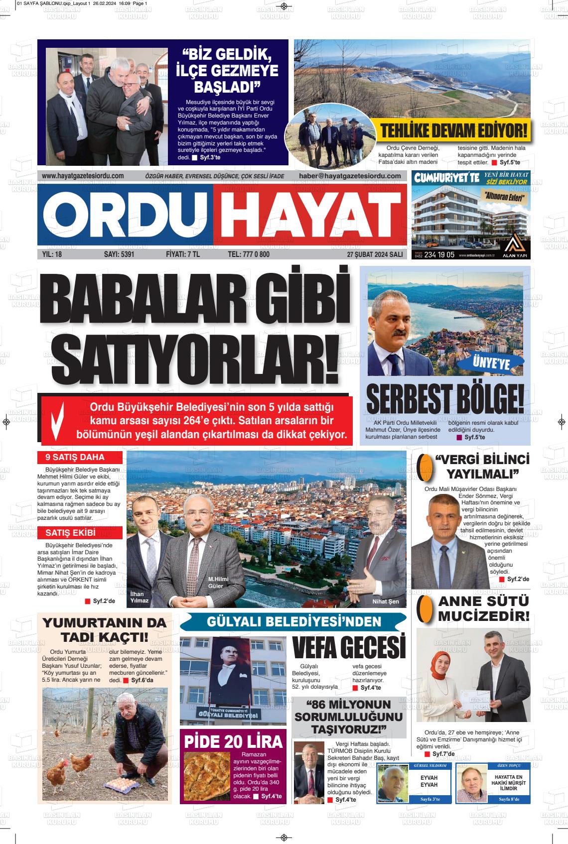 27 Şubat 2024 Ordu Hayat Gazete Manşeti