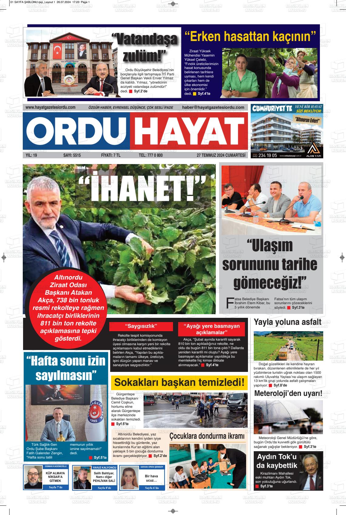 27 Temmuz 2024 Ordu Hayat Gazete Manşeti