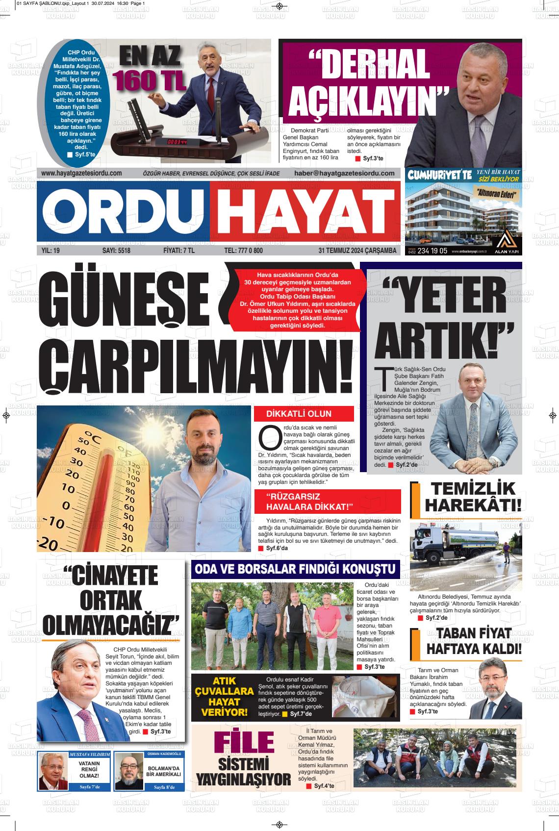 31 Temmuz 2024 Ordu Hayat Gazete Manşeti