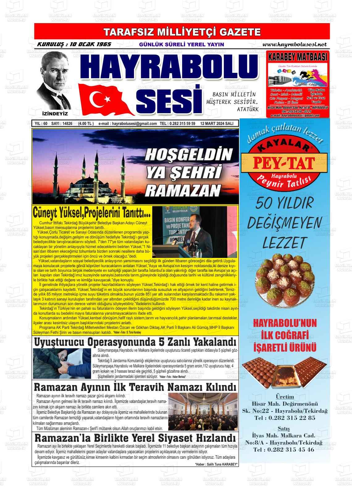 12 Mart 2024 Hayrabolu Sesi Gazete Manşeti