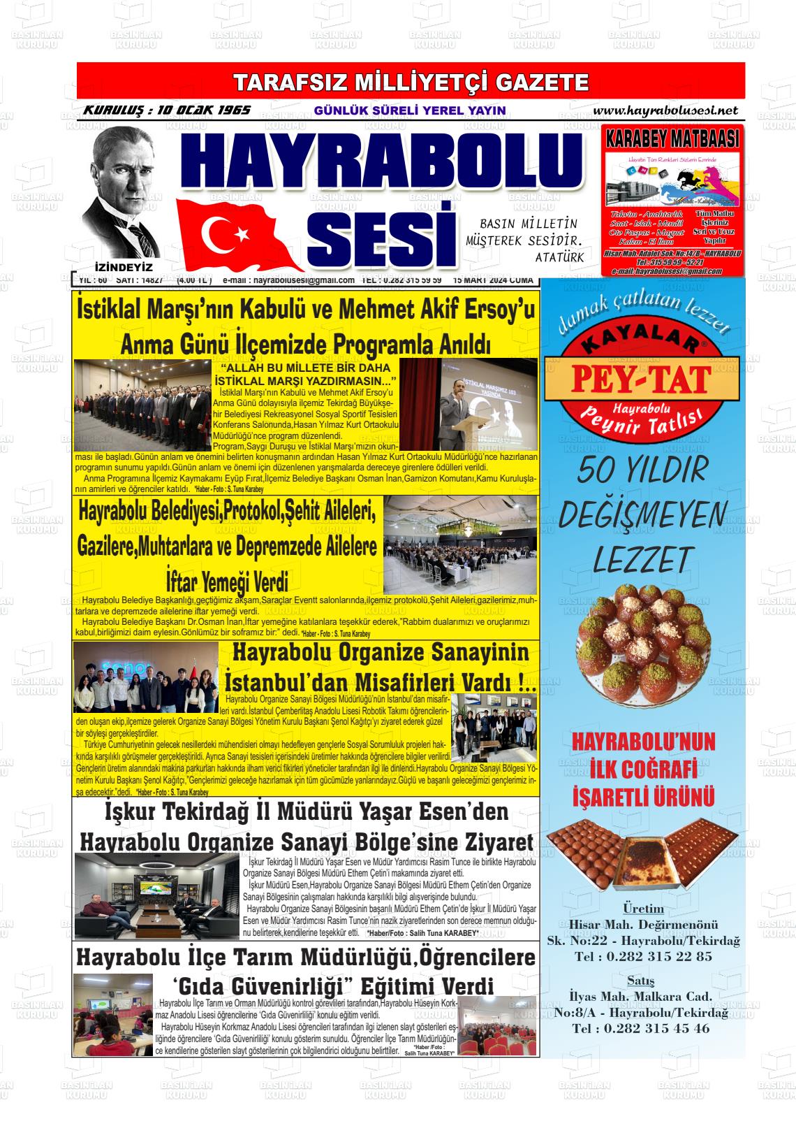 15 Mart 2024 Hayrabolu Sesi Gazete Manşeti