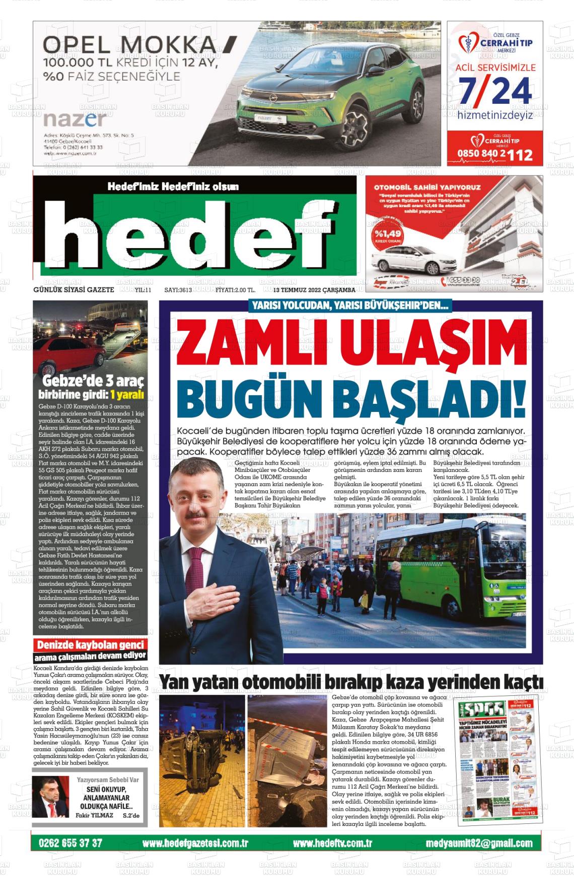 13 Temmuz 2022 Hedef Gazete Manşeti