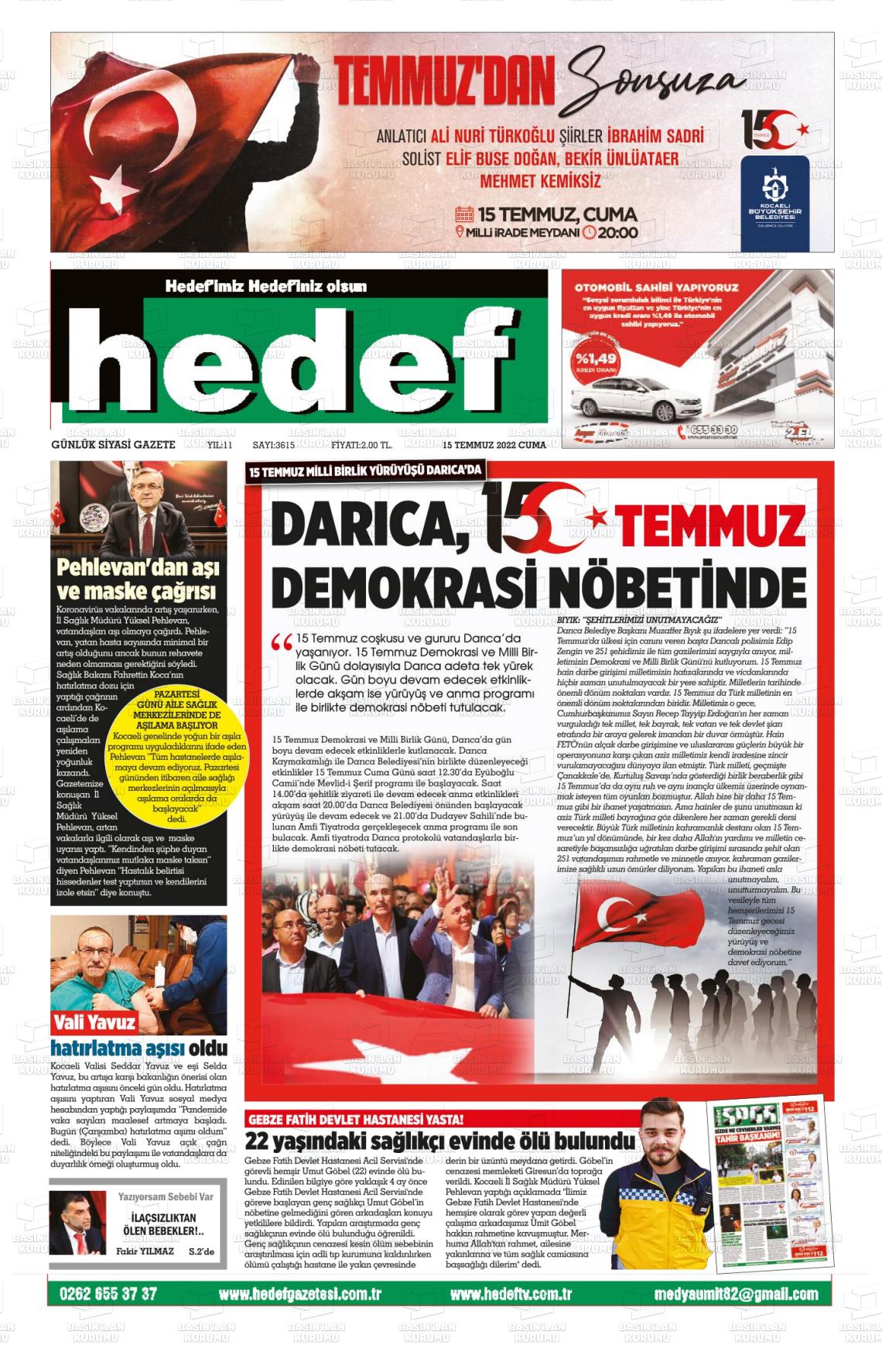 15 Temmuz 2022 Hedef Gazete Manşeti